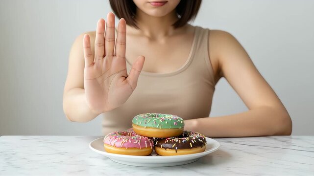 目の前の甘いドーナツを「食べません」とゆっくり拒否するジェスチャーをする女性