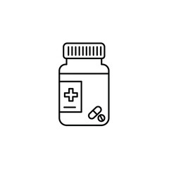 Outline drawing of a medicine bottle with pills on a white background.