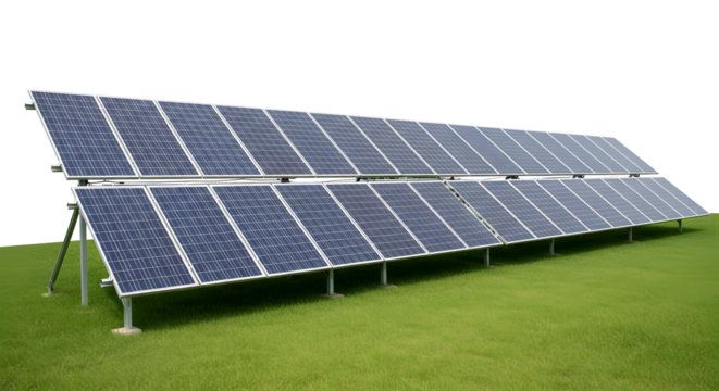 Solar panels on green grass generating clean energy for sustainable power and environmental solutions