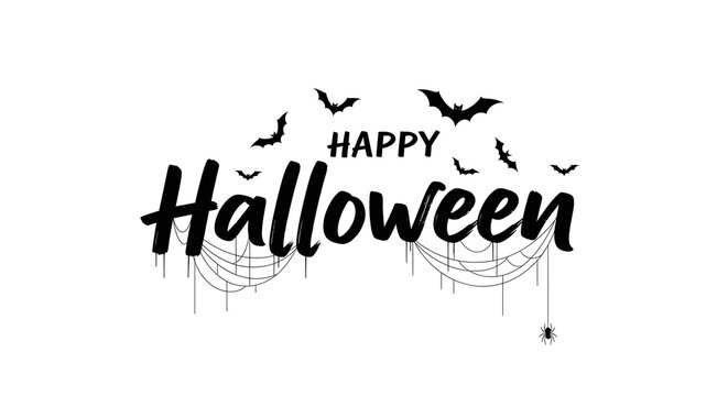 Happy halloween text with flying bats and spider web decorations in black and white