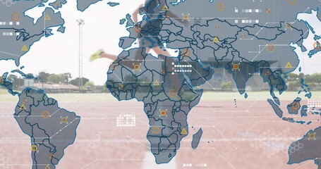 World map fading over red track data symbols animating, male sprinter dashing under overlay exiting - Powered by Adobe