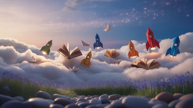 Dreamy Sky of Flying Books & Rockets, Education, Imagination & Innovation Concept for Learning, Startups or Motivational Content.