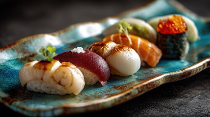 Close-up of assorted nigiri sushi artfully arranged on a textured blue ceramic plate