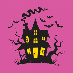 Whimsical Cartoon Haunted House Silhouette with Yellow Glowing Windows, Smoke, Bats, and Pink Background
