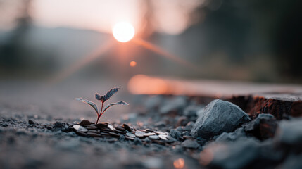 Plant seedling growing from coins symbolizing financial growth
