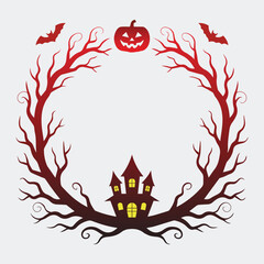 Spooky Halloween Wreath Frame with Red Dead Trees, Haunted House, Jack O'Lantern, and Bats