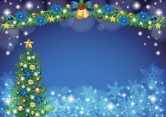 クリスマス背景、ツリーとモール、青、かわいい、イラスト、横