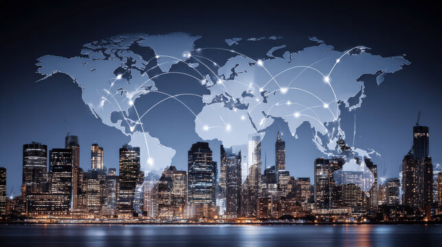 City skyline with global network connecting world map