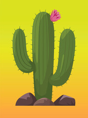 Cactus Plant with Pink Flower on Rocks and Yellow-Orange Desert Background
