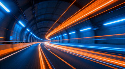 Blurred light trails in a tunnel depict high speed movement, highlighting urban transport dynamics.