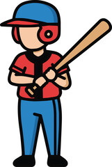 Cartoon Baseball Player in Red and Blue Uniform with Bat in Action Pose &ndash; Dynamic Sports Character