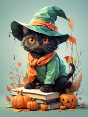 A detailed illustration of a print of a colorful, cute black cat rides a broom has orange eyes, wears witch hat and hold a book and pen next to a cute Halloween pumpkin.