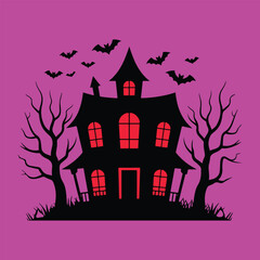 Haunted House Silhouette with Bats and Spooky Trees for Halloween Design