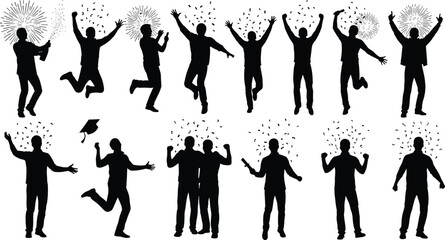 Graduation, celebration, silhouette, people, jumping, diploma, success, achievement, festive, confetti, cap toss, joy, students, milestone, education, party, happy, crowd, motion, black