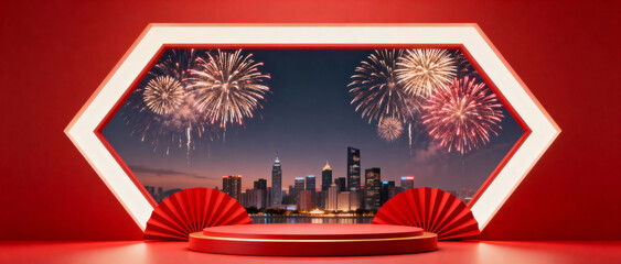 A vivid depiction of fireworks illuminating a modern city skyline, set within a hexagonal frame with a red backdrop.