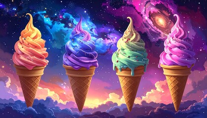 Four colorful ice cream cones float amidst a vibrant cosmos, each swirling with unique hues of deliciousness.