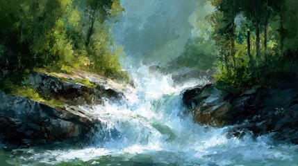 Fototapeta premium A flowing river rushes between shaded banks, trees surround, painted in a textured style