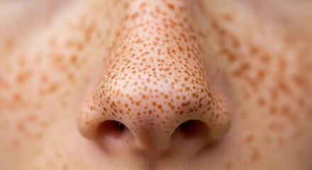 Extreme Close-Up Macro Shot of Human Nose with Prominent Pores and Freckles.