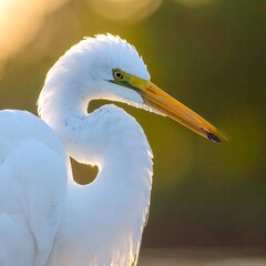 Close-up of a Great Egret in Sunlight.