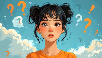 A girl with thoughtful expression, surrounded by question marks and clouds, in a vibrant, artistic style.
