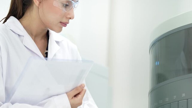 Focused female scientist in safety glasses holding research papers while monitoring automated machine in modern medical laboratory, conducting clinical analysis for healthcare.