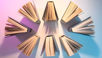 open books stand in table, top view, warm lighting