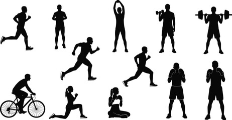 Fitness, exercise, workout, silhouette, running, boxing, yoga, stretching, cycling, gym, training, health, active lifestyle, cardio, strength, meditation, sports, wellness, physical acti