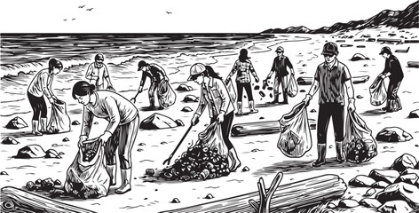 Monochrome Woodcut Style Illustration: Beach Cleanup with Volunteers and Ocean