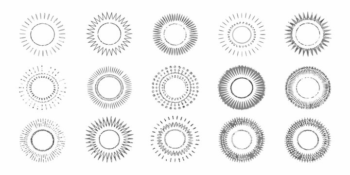 Collection of hand drawn sunburst frames and circular decorative elements in grey scale