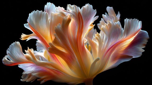 Dramatic close-up of a ruffled flower with multiple pastel colors against a stark black background