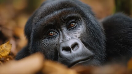 A close-up of a gorilla resting among autumn leaves, showcasing its expressive eyes and textured fur, highlighting the beauty of wildlife.