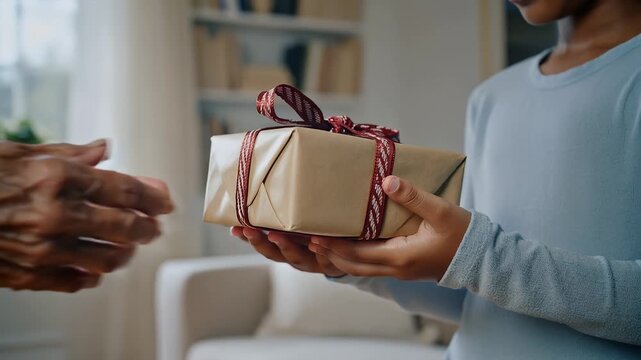 Close up of grandmother's hands giving a carefully wrapped present to her grandchild