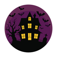 Haunted House Halloween Clipart with Bats and Spooky Tree – Purple Night Background