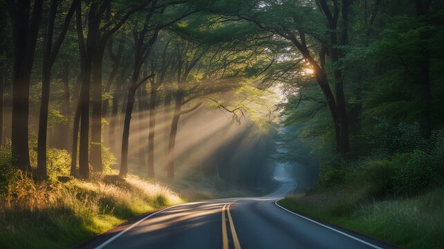 Magical Forest Road with Sunbeams, Peaceful Nature Scene, Perfect for Wellness, Travel or Spiritual Branding.