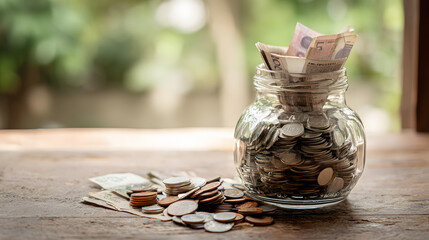 Saving for Future: A glass jar overflowing with coins and banknotes, symbolizing personal savings and financial planning. It is sitting on a wooden table with natural light