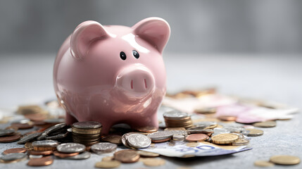 Piggy Bank's Abundance: A charming pink piggy bank is surrounded by a diverse collection of coins and currency, symbolizing financial security and the value of savings. 