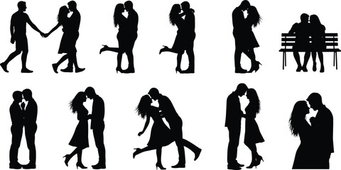 Romantic couple silhouette, love pose, hugging, kissing, holding hands, bench sitting, modern attire, relationship concept, emotional connection, black shadow