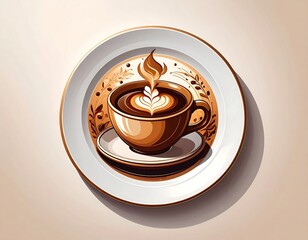 A stylized illustration of a coffee cup with a latte art design, presented on a decorative plate, exudes a warm and inviting atmosphere.