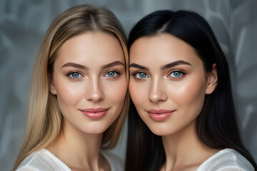 Close-up portrait of two stunning young twin women, highlighting their natural beauty and resemblance.