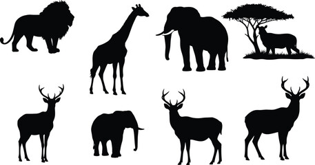 African wildlife silhouettes, lion, giraffe, elephant, antelope, savanna animals, black and white, nature, tree, safari, jungle, wild animals, mammals, Africa, fauna, ecosystem, 