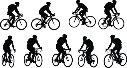 Obraz premium Cyclist silhouette, road bike rider, commuting bicycle, helmet backpack, urban cycling, black silhouette, motion posture, drop handlebars, fitness ride, outdoor activity