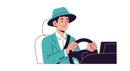 Stylish passenger driving, showcasing an interesting journey with his confident demeanor behind the wheel in his modern looking automobile