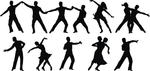 Silhouettes of dancing couples, ballroom poses, Latin dance moves, elegant choreography, romantic performance, graceful motion, partner connection, artistic expression, black background