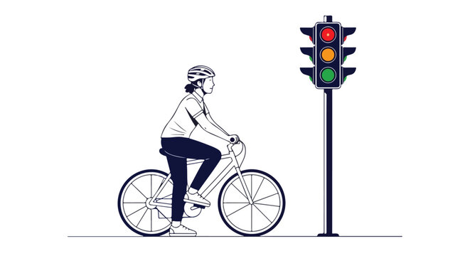 Cyclist waits at a traffic signal, highlighting urban commuting and road safety awareness with a minimalist and conceptual visual style