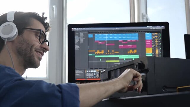 Young man in sound recording studio. Guy sit in front black mixing console or amplifier and adjust sound. Enjoying listening to music through white headphones.