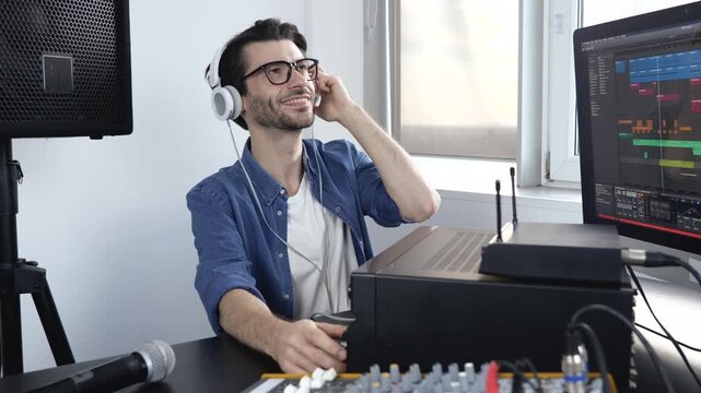 Young man in sound recording studio. Guy sit at table and adjust mixing console. Listenintg to music through headphones. Recording process.