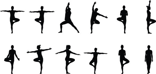 Yoga poses silhouette, black figures, standing balance, tree pose, warrior pose, flexibility, fitness, meditation, exercise, wellness, posture, calm, strength, body control, stretching, 