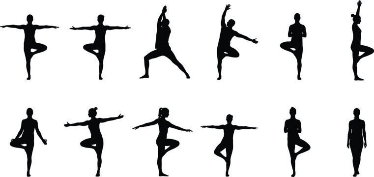 Yoga poses silhouette, black figures, standing balance, tree pose, warrior pose, flexibility, fitness, meditation, exercise, wellness, posture, calm, strength, body control, stretching, 