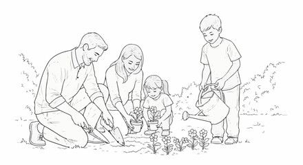 Monochrome Drawing of Happy Family Planting Flowers Together Outdoors