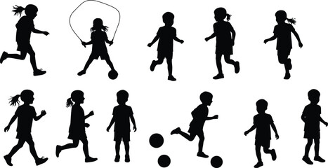 Children playing outdoors, active kids silhouette, running, jumping, walking, sports activity, childhood fitness, healthy lifestyle, energetic movement, fun exercise
